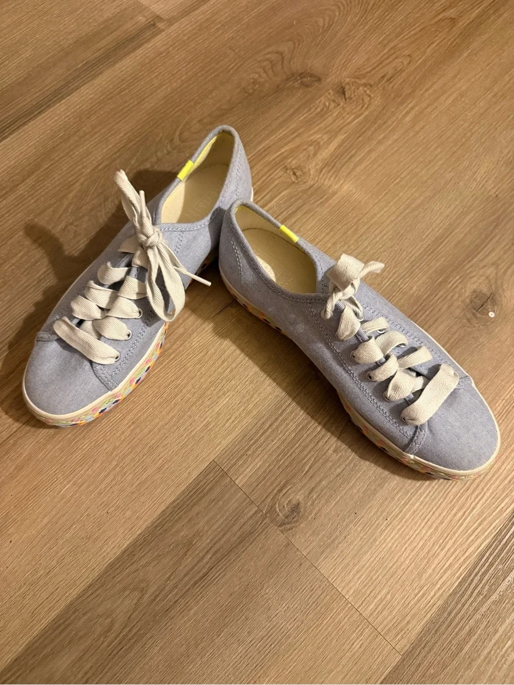 Keds Light Gray Canvas Low-Top Sneaker with Neon Yellow Accent
